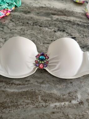 Strapless White Bandeau Bra with Multicolor Gem Accent 34B